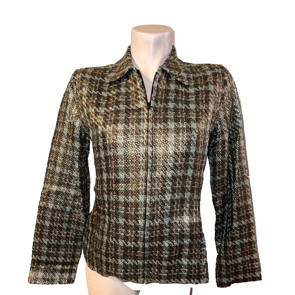 Chicos Jacket Womens Size (0) S Green Gold Acrylic Rayon Metallic Zip Blazer